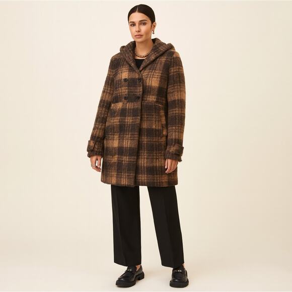 EMME MARELLA Plaid Hooded Coat Mohair Blend Tan Brown Sz 10 $545 - Picture 1 of 7
